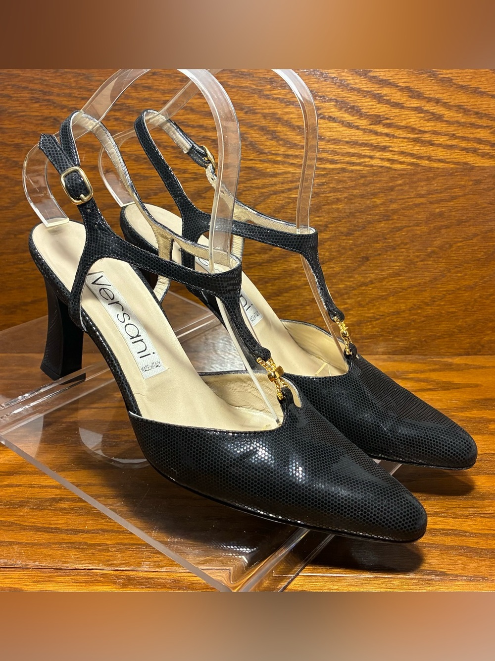 VTG 90s Versani ITALY MADE Textured Leather T-Strap Slingback Heels Black Size 7